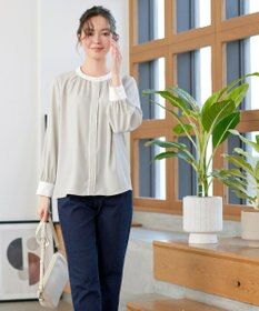 Tiaclasse イージーケア配色スタンドカラーブラウス