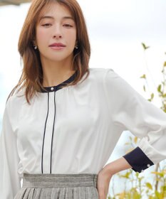 Tiaclasse イージーケア配色スタンドカラーブラウス