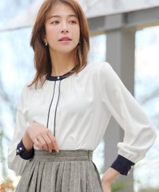 Tiaclasse イージーケア配色スタンドカラーブラウス