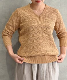 muuc 〈コットン100%強撚糸〉〈通気性が高いドライタッチな素材〉透かし編み 袖口リブ Vネック プルオーバー