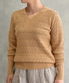 muuc 〈コットン100%強撚糸〉〈通気性が高いドライタッチな素材〉透かし編み 袖口リブ Vネック プルオーバー