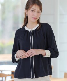 Tiaclasse イージーケア配色スタンドカラーブラウス