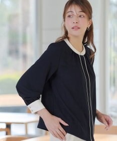 Tiaclasse イージーケア配色スタンドカラーブラウス