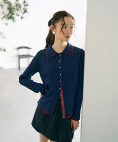 earth music&ecology バイカラートリムロングニットカーディガン