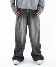 WEGO 【ユニセックス着用ITEM】スーパーバギーラインストーンデニムパンツ