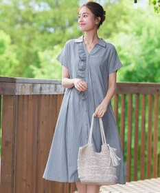 Tiaclasse L 【洗える】ストライプフリルシャツワンピース