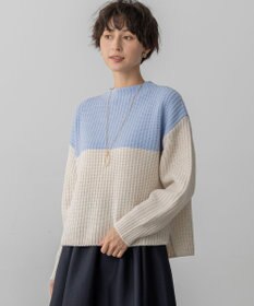 23区 L 【洗える】ウールカシミヤ カラーブロック バルキー ニット サックス×ベージュ