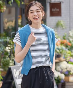 ANY L 【大好評につき新色登場！】モックネックフレンチスリーブ ボーダーＴシャツ