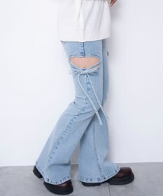 WEGO 【SMサイズ展開/伸びる】カットアウトリボンストレッチフレアデニムパンツ