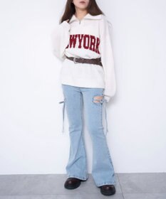 WEGO 【SMサイズ展開/伸びる】カットアウトリボンストレッチフレアデニムパンツ