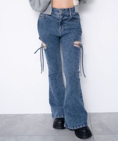 WEGO 【SMサイズ展開/伸びる】カットアウトリボンストレッチフレアデニムパンツ