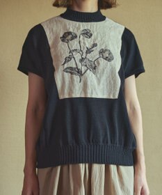muuc ポピー刺繍フレンチスリーブプルオーバー〈日本製・高級綿100%の光沢と柔らかさ〉〈繊細な花刺繍〉〈大人の夏ニット〉〈ゆったりフリーサイズ〉
