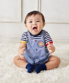 MIKI HOUSE HOT BISCUITS 【70-80cm】 ボーダー オーバーオール風 ショートオール