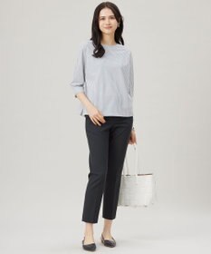 自由区 L 【接触冷感・UVカット・洗える】ストライプコットンハイゲージフォルムスリーブ カットソー