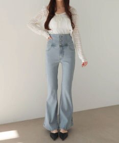 WEGO 【ストレッチ/美脚/脚長シルエット/XSSMサイズ展開】ハイウエストストレッチフレアデニムパンツ