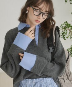 WEGO 【ANGIE VINTAGE】シャツ襟 ドッキング　フェイクレイヤード ニット トップス