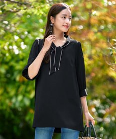 Tiaclasse L 【洗える】配色ボウタイパフ袖チュニックブラウス