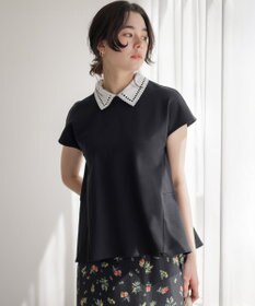 組曲 フレンチテリー 刺繍襟 ペプラムカットソー ブラック系