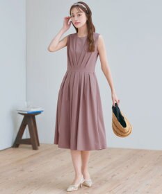 Tiaclasse L 【2TYPEスリーブ/半袖・ノースリーブ・洗える】タックフレアワンピース