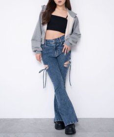 WEGO 【SMサイズ展開/伸びる】カットアウトリボンストレッチフレアデニムパンツ