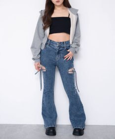WEGO 【SMサイズ展開/伸びる】カットアウトリボンストレッチフレアデニムパンツ