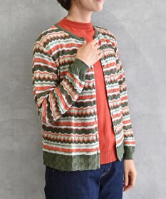 muuc 〈高品質シルク100%〉〈通年着られる〉袖リブあり シェルボタン使用 透かしレース編み シルクマルチボーダーカーディガン