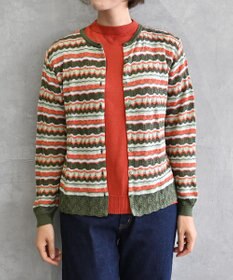 muuc 〈高品質シルク100%〉〈通年着られる〉袖リブあり シェルボタン使用 透かしレース編み シルクマルチボーダーカーディガン