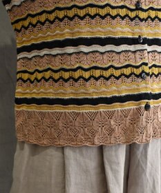 muuc 〈高品質シルク100%〉〈通年着られる〉袖リブあり シェルボタン使用 透かしレース編み シルクマルチボーダーカーディガン