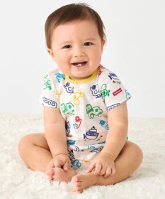 MIKI HOUSE HOT BISCUITS 【70-80cm】ビーンズ×乗り物 総柄ショートオール