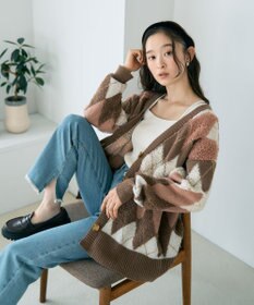 earth music&ecology ループ編みアーガイルカーディガン