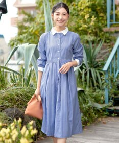 Tiaclasse L 【洗える】パール釦フレアシャツワンピース
