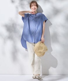 ANY 【洗濯機可】ラメストライプ半袖シャツブラウス