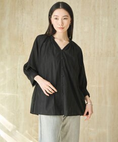 UNFILO ストライプレース ギャザーブラウス