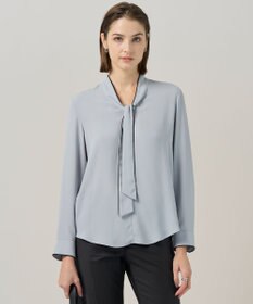 ICB 【接触冷感・UVケア・速乾・洗える】BackSatinAmunzen 配色ボウタイブラウス サックスグレー系