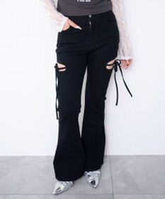 WEGO 【SMサイズ展開/伸びる】カットアウトリボンストレッチフレアデニムパンツ