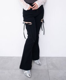 WEGO 【SMサイズ展開/伸びる】カットアウトリボンストレッチフレアデニムパンツ