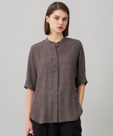 ICB 【人気のため新色追加・接触冷感・UVケア・速乾・洗える】BackSatinAmunzen 5分袖バンドカラーブラウス ゼブラ［ブラウン］柄系