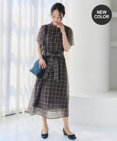 Tiaclasse L 【新色追加・洗える】チェック柄フレア袖シアーワンピース