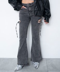 WEGO 【SMサイズ展開/伸びる】カットアウトリボンストレッチフレアデニムパンツ