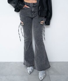 WEGO 【SMサイズ展開/伸びる】カットアウトリボンストレッチフレアデニムパンツ