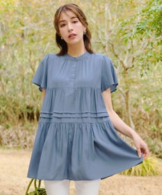 Tiaclasse 【洗える】バンドカラーティアードシャツチュニックブラウス