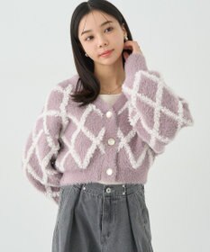 earth music&ecology シャギーダイヤ柄ショートニットカーディガン