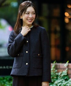 ANY SIS L ノーカラーフリンジツイード ジャケット