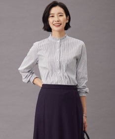 J.PRESS LADIES 【洗える】BEZ C/Ny ドビーストライプ フリルネック ブラウス