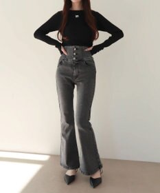 WEGO 【ストレッチ/美脚/脚長シルエット/XSSMサイズ展開】ハイウエストストレッチフレアデニムパンツ