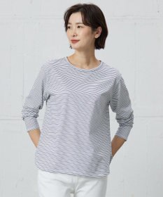 J.PRESS LADIES ベーシックジャージーシャツテール ボーダー カットソー オフ×ネイビー系