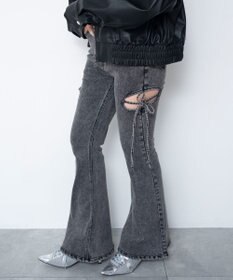 WEGO 【SMサイズ展開/伸びる】カットアウトリボンストレッチフレアデニムパンツ