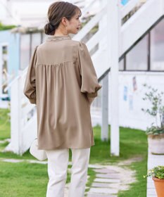 Tiaclasse L 【洗える】配色ボウタイパフ袖チュニックブラウス