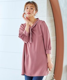 Tiaclasse L 【洗える】配色ボウタイパフ袖チュニックブラウス