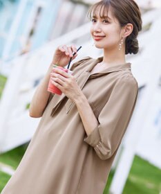 Tiaclasse L 【洗える】配色ボウタイパフ袖チュニックブラウス